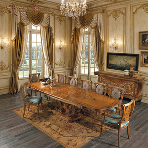Ensemble de table à manger classique néo-classique de luxe, meubles sculptés dorés, <span class=keywords><strong>France</strong></span>, ensembles de salle à manger en jacquard turquoise pour la décoration de manoir - Product Image 1
