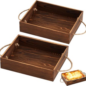 Plateau de service en bois avec poignée en corde, boîte de rangement rectangulaire pour desserts, pâtisseries, aliments, utilisation sur le bureau - Product Image 1