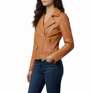 Chaqueta de Motociclista de Piel de Oveja Marrón Claro de Lujo para Mujer, con Herrajes Dorados, Forro de Viscosa Genuina, Corte Ajustado - Product Image 2