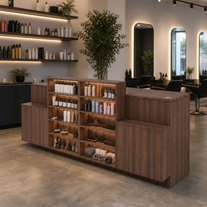 Prateleira de Beleza em Madeira Nogueira Premium para Organização de Lojas, Expositor Personalizável para Mercearias com Armazenamento Oculto - Product Image 1