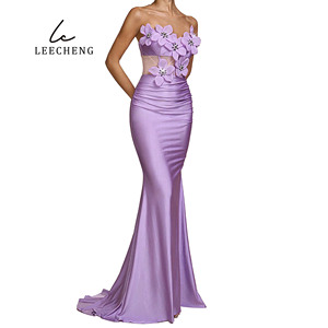 Abito aderente in tessuto <span class=keywords><strong>a</strong></span> <span class=keywords><strong>rete</strong></span> con motivo floreale tridimensionale viola senza spalline personalizzato con Silhouette <span class=keywords><strong>a</strong></span> coda di pesce - Product Image 6
