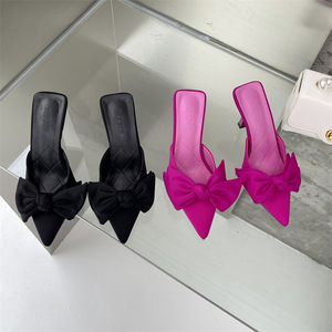 French Suede Upper High Heel Pointed Toe <strong>Bow</strong> <strong>Sandals</strong> Thin Heel Summer Slippers - Product Image 1
