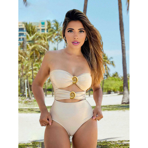 도매 ODM&OEM 베이지색 수영복 세트 섹시한 튜브탑 원피스 비키니 단색 스커트 수영복 세트 - Product Image 2