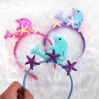 Bandeau en queue de poisson à paillettes pour filles décorations de fête d'anniversaire série océan couvre-chef en maille avec étoile de mer dauphin