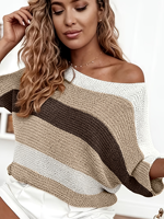 Pull en maille rayé pour femme, collection été 2026, épaules dénudées, manches courtes, maille ajourée, 100 % polyester, tons terre