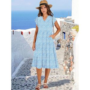 FOXA Robe d'été pour femme, col en V, longueur midi, imprimé floral, ligne A, décontractée, style bohème, pour les vacances à la plage - Product Image 2