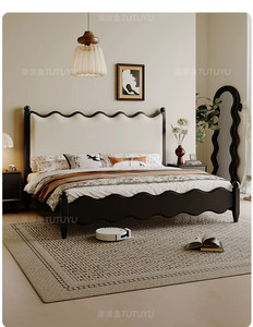 Lit double classique en bois massif de style <span class=keywords><strong>campagne</strong></span> française avec tête de lit en velours vert ondulé, <span class=keywords><strong>chic</strong></span> rétro et confortable pour suite principale - Product Image 5