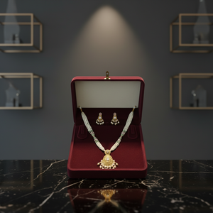 Beautiful 925 Silver Pearl <b>Beaded</b> Necklace <b>Set</b> with Gold Traditional Pendant and Matching Earrings Wedding Festive Wear - Product Image 5