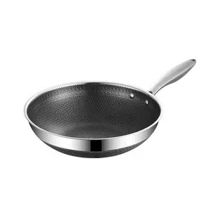 Dapur Food Grade 304 Wajan Sarang Lebah 32Cm Wajan Penggorengan Stainless Steel Anti Lengket dengan Pegangan Baja Tunggal