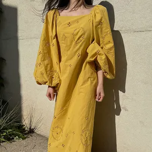 Wholesale 2022 Korean Chic Retro Heavy Industry Hollow Hook Flower Yellow Dress Women's Autumn Loose Design Niche Long Dress