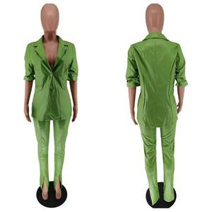 Ensemble 2 pièces de bureau en cuir PU pour femmes, Blazer à col cranté, taille haute, pantalon assorti, tenue de travail d'automne, survêtements Slim, 10% - Product Image 3