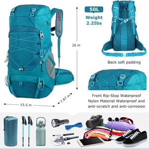 Zaino da <span class=keywords><strong>trekking</strong></span> leggero unisex personalizzato da 50 litri con copertura antipioggia, zaino da campeggio per arrampicata campeggio Touring, escursionismo impermeabile - Product Image 2