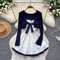 Ensemble deux pièces élégant à pois avec nœud à la taille et manches longues pour femme – Style Preppy, idéal pour l'été et les trajets quotidiens