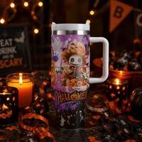 Gobelet isotherme réutilisable en acier inoxydable de 40 oz avec poignée et paille, personnalisable, pour voiture, camping, festival, cadeau d'Halloween