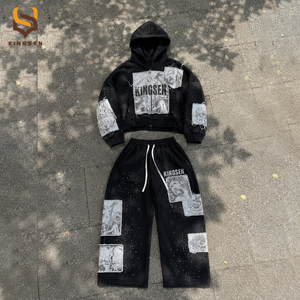 Custom Streetwear Acid Wash Hoodie <b>Set</b> Men Print Embroidery Men <b>Set</b> Vintage Heavyweight Cotton Zipper Hoodie and <b>Sweatpants</b> <b>Set</b> - Product Image 1