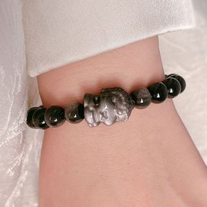 Natural Obsidian Bracelet Gold and Silver Obsidian Cat PiXiu Beads Strings Hand-carved Luxury Jewelry Lucky Amulet <b>Men</b> and Women - Product Image 4