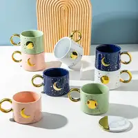 Caneca de chá de cerâmica com alça dourada, novidade nórdica, feita em relevo, minion, sol e lua, luxoosa, cerâmica, bonita, café, xícara