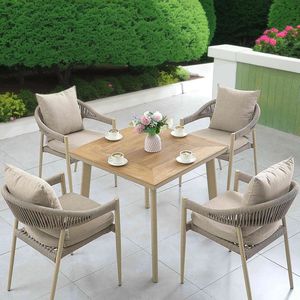 China Furniture Supplier Luxury Aluminum Rope Garden Restaurant 6 Seaters <b>Outdoor</b> Dining <b>Table</b> and Chair with Cushions - Product Image 2