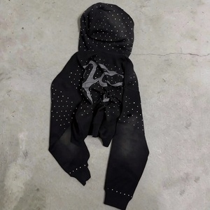 Sudadera con capucha de algodón de lujo, estilo cropped, con lavado ácido, de felpa francesa, oversize, con cremallera, bordado de pedrería personalizado, para hombre - Product Image 3