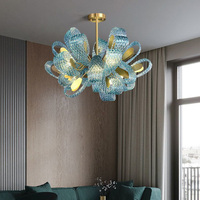 Lustre moderne en verre artistique bleu motif floral pour salon, chambre, salle à manger, cuisine – Décoration artistique, suspension en cuivre et verre