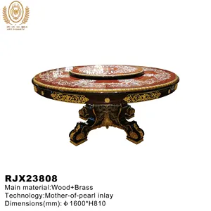 Dinner Desk Round Table for Hotel Luxurious Style Carved Gilded Brass Classical Mother of Pearl Inlay Wooden for Restaurant 1 PC