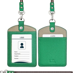 Boshiho Office Badge Holder Cowhide <b>Leather</b> ID Badge Card Holder with 19" Neck <b>Lanyard</b> ID Card Holder - Product Image 1