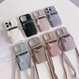 Fashion Long Strap Leather Zipper Wallet Phone Case for iPhone 14 Pro Max 11 12 13 Pro 15 Purse Case