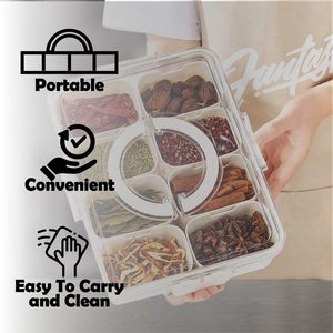 8 Compartments Divided Serving Tray <b>Lid</b> Handle Injection-Molded <b>Plastic</b> Rectangle Portable Snack Box <b>Containers</b> Veggie Tray - Product Image 5