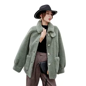 Mantel Bulu Teddy Imitasi Campur Wanita, Jaket Wol Musim Dingin Populer dengan Kancing Atas untuk Wanita dan Anak Perempuan