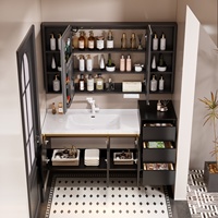 Ensemble de meubles de salle de bain en aluminium alvéolé étendu avec miroir mural, vasque monobloc en céramique, meuble-lavabo et armoire latérale