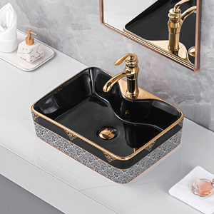 Lavabo Rettangolare in Ceramica Serie Vintage Nero e Oro con Bordo Dorato, <span class=keywords><strong>Lavandino</strong></span> da Appoggio per <span class=keywords><strong>Bagno</strong></span> - Product Image 1