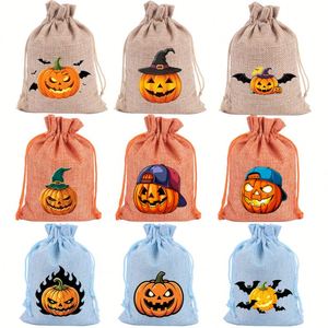Sac en toile de jute Halloween 10x14cm, sac en lin citrouille effrayante, pochette à cordon en nylon, idéal pour décorations d'Halloween, bonbons, chocolat - Product Image 1