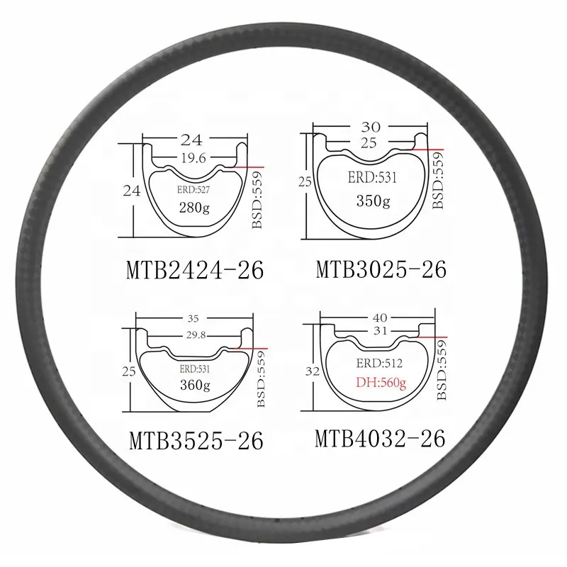 Llantas MTB Llanta de carbono de ciclo de 26 pulgadas para llantas de rueda MTB 26ER 36 agujeros