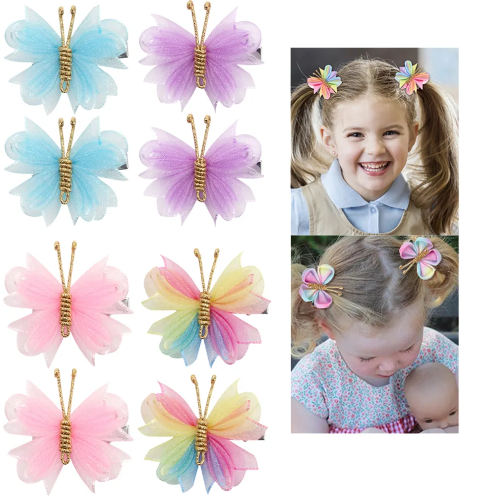 2 pièces épingle à cheveux en gaze dégradé de styliste avec accessoires en queue de cochon en or pince à cheveux papillon pour fille et enfant