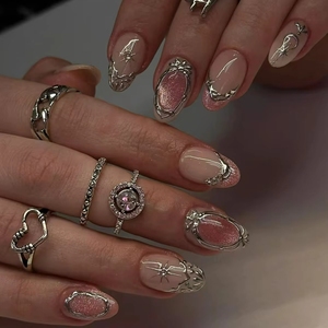 Faux ongles en acrylique faits à la main, style français, carrés, amande, fleurs 3D roses, vente en gros, ongles à presser de créateur - Product Image 3