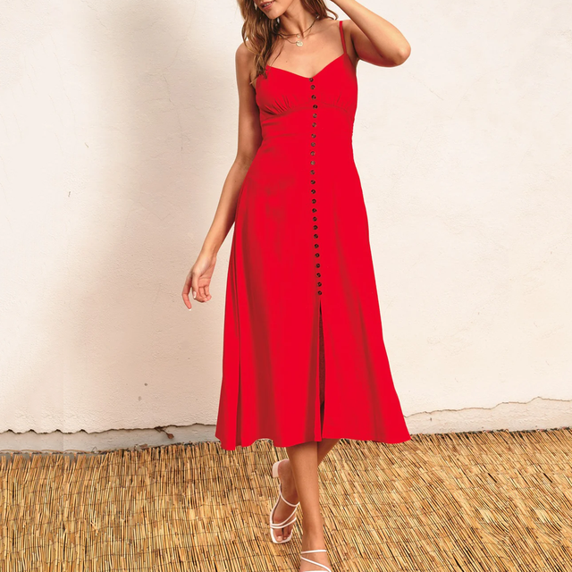 Women's Red Midi Dress Spaghetti Strap Sweetheart Neck Button Front High Slit Casual Dress