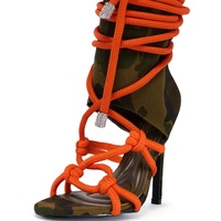 Bottines courtes à lacets en corde camouflage pour femmes, fermeture éclair arrière, lacets noués, bottines à talons fins, sandales à talons aiguilles
