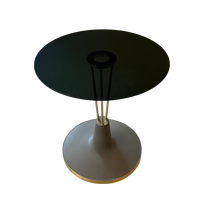 Table basse sur mesure, plateau rond en verre foncé, base en cage métallique noire, style Nébuleuse Orbit, pour appartement et maison