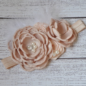 Fasce per capelli Vintage in tinta unita per neonate fascia elastica per capelli in pizzo con perle, piume di fiori, puntelli per la fotografia della fascia per bambini - Product Image 3