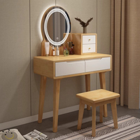 Meja Rias Kayu Solid Ek Eropa Nordik yang Tahan Lama Desain Minimalis Modern untuk Kamar Tidur Kecil dengan Cermin Berlampu LED dan Bangku