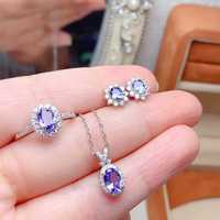 Perhiasan Perak Sterling 925 Klasik Tanzanite Alami Anting Kalung Cincin Perhiasan Pengantin Wanita Trendi