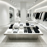 Exhibidor Comercial Moderno Tipo Isla con Marco de Acero Inoxidable Cepillado y Superficie Blanca para Tiendas de Ropa y Boutiques