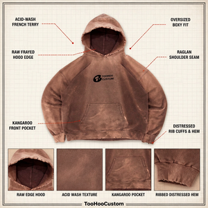Sweat-shirt à capuche oversize en molleton épais délavé à l'acide avec bordure effilochée et poche kangourou - Product Image 4