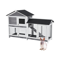Cabane à Lapin en Bois de 63 Pouces, à 2 Niveaux, Gris, Noir, Intérieur et Extérieur, Étanche, Étanche, Étanche, pour Animaux