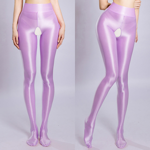 Collant lucidi sexy con cavallo aperto, leggings a vita alta, calze a rete, pantaloni lunghi per fitness - Product Image 3
