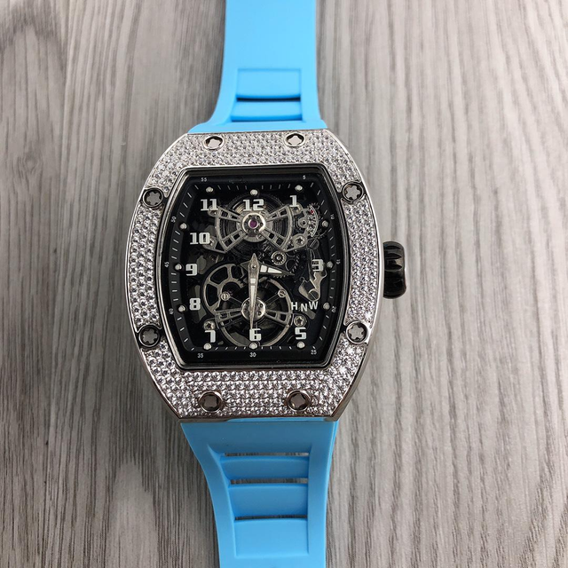 Watch 40mm Rose Gold Color diamond Paved Tourbillon Mechanical Skeleton Dial Tonneau case Mens Watches Luxury