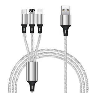 Fábrica al por mayor 3 en 1 Cable de carga Cable DE DATOS Micro USB Tipo-c 8pin Carga rápida Tres en uno Cable DE DATOS trenzado de nailon