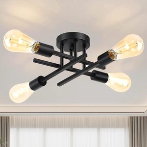 Plafonnier semi-encastré moderne style ferme à 4 lumières, en métal noir mat, luminaire suspendu pour îlot de <span class=keywords><strong>cuisine</strong></span> et décoration de chambre - Product Image 1