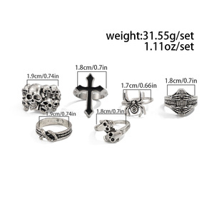 6 Pçs/set <span class=keywords><strong>Goth</strong></span> Halloween Esqueleto Caveira Anéis para Homens Punk Hip-Hop Retro Aranha Cruz Cadeia Ajustável Anel Conjunto Masculino Jóias - Product Image 6