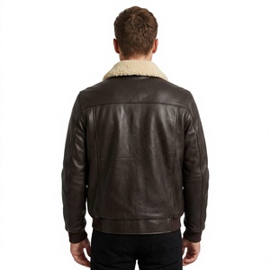 Blouson aviateur homme en cuir véritable marron avec doublure en fausse fourrure, col montant, respirant, fermeture éclair, chaud pour l'hiver, motif moto sur le devant - Product Image 6